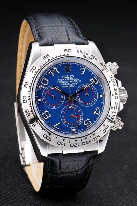 Acier inoxydable Rolex Daytona Case cadran bleu bracelet en cuir noir