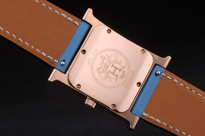 Hermes Heure H Rose d'or incrusté de diamants Lunette bracelet de cuir bleu cadran blanc 80238